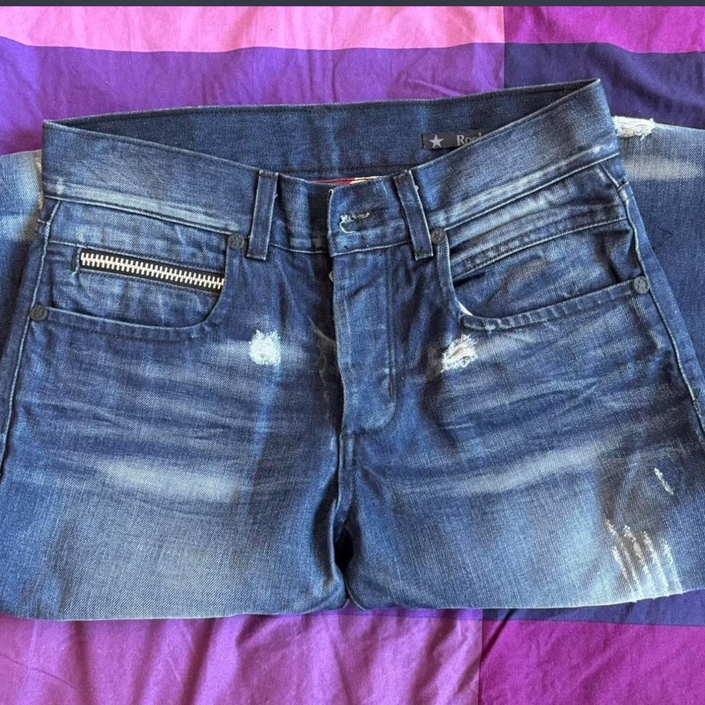 Distressed Blue Straight Leg Jeans with Zipper Detail